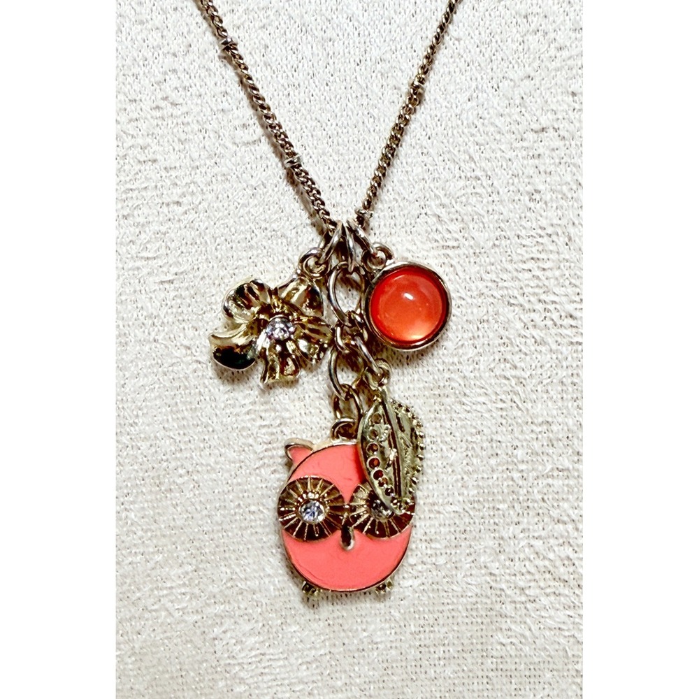 Orange Enamel Owl Charm Necklace Gold Tone Rhinestone Flower Leaf 16–19"